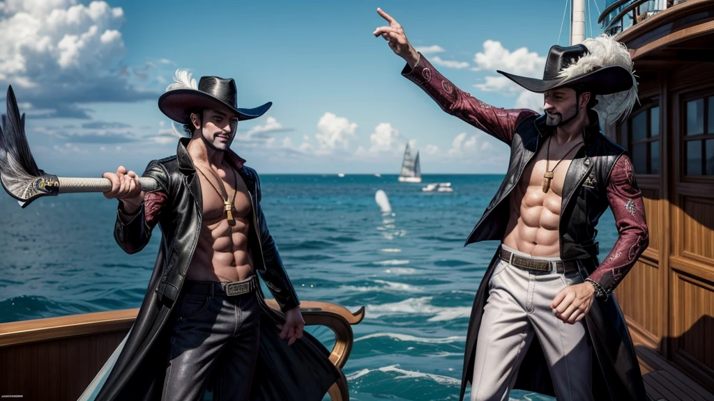 masterpiece, best quality, extremely detailed, hyperrealistic, photorealistic, a cool 40s man, ultra detailed face:1.2, black hat with feathers, on detailed yacht, sea, laughing, standing, dynamic pose, holding long black sword