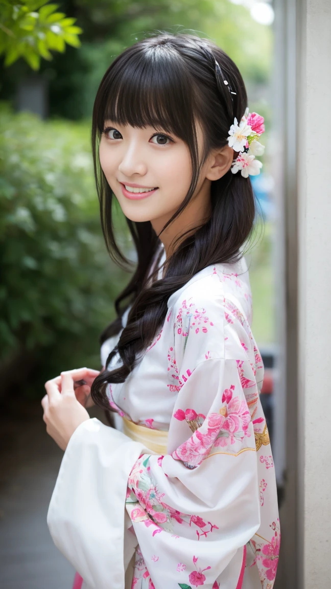 Highest quality、8k wallpaper、Reality:1.4、Photographed by a professional photographer、Photographed in natural light、View your viewers、background:Kyoto street corner、1 beautiful girl、Japanese Idol、30 years old、Beautifully detailed eyes、Detailed face、Beautiful Skin、Slender、Slim waist、Thin legs、Lip balm、Blonde: 1.8、Bobcut、Asymmetrical bangs、Hair decorated with elegant and delicate hairpins、Kimono with vibrant traditional patterns:1.2 、smile:1.5
