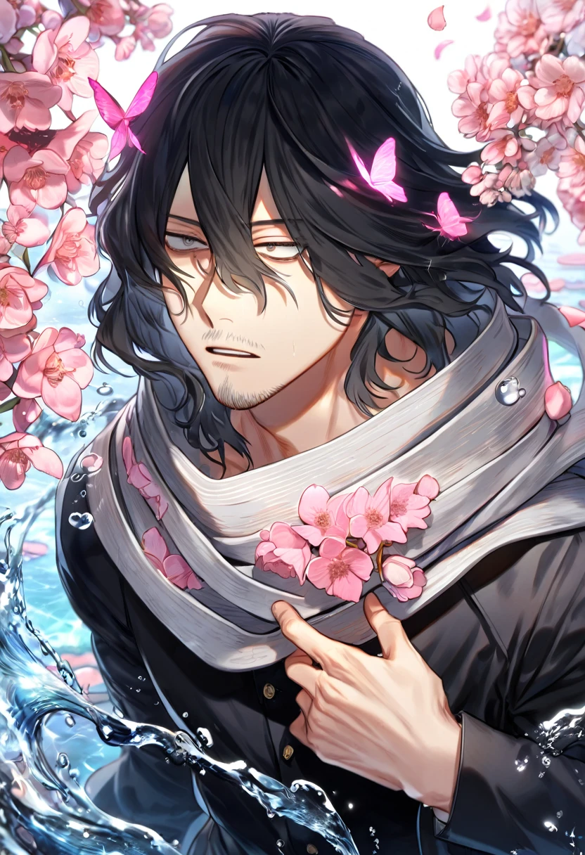 absurdres, highres, ultra detailed, HDR, master piece, best quality, Eraser Head, black hair, medium-lenght hair, expressive gray eyes, boku no hero academia, faint beard, black clothes, gray scarf, solo, sexy man, handsome, fantasy, shining, water, pink flowers, pink blossoms, pink butterflies, pink petals