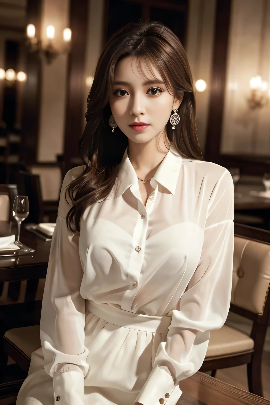 masterpiece, Highest quality, Realistic, Very detailed, Finer details, High resolution, 8k wallpaper, One beautiful woman, Wear an elegant white see-through shirt, In a great restaurant, At night, Light brown messy hair, Perfect dynamic composition, Beautiful and beautiful eyes、Big earrings、Sit on a chair、