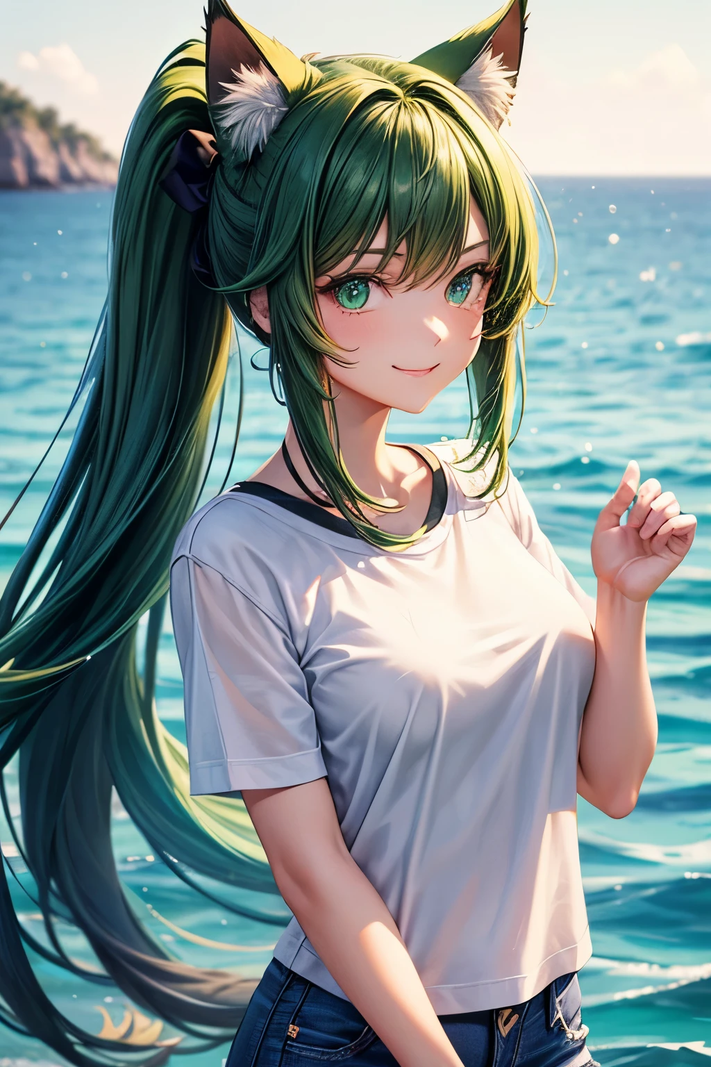 Best quality, High resolution, Perfect human structure, Cat ears, Front view, Glossy hair, Green hair, Sea, Ponytail, Hands up, Gradient eyes, Sleek bangs, Frontal angle, T-shirt, Jeans, Smile