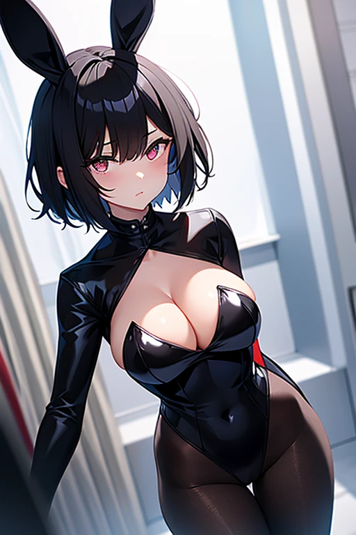 girl, with giant breasts, black fur, short hair, crimson eyes, bunny suit.