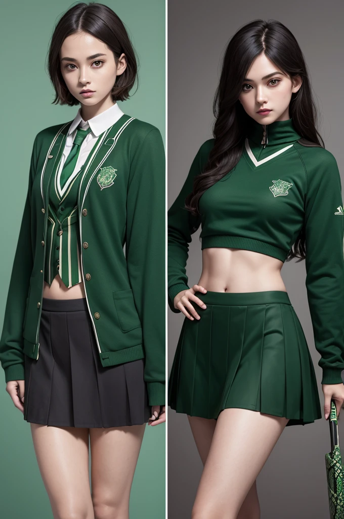 create a Slytherin Quidditch uniform from the world of Harry Potter, sporty style, preferably a top and skirt with green and black tones and a snake emblazoned on the chest.