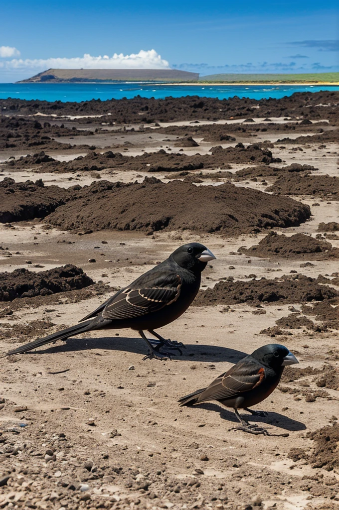 Galapagos black finch geospiza Fortis on dahpne island in Galapagos Ecuador in extreme drought time with sea view