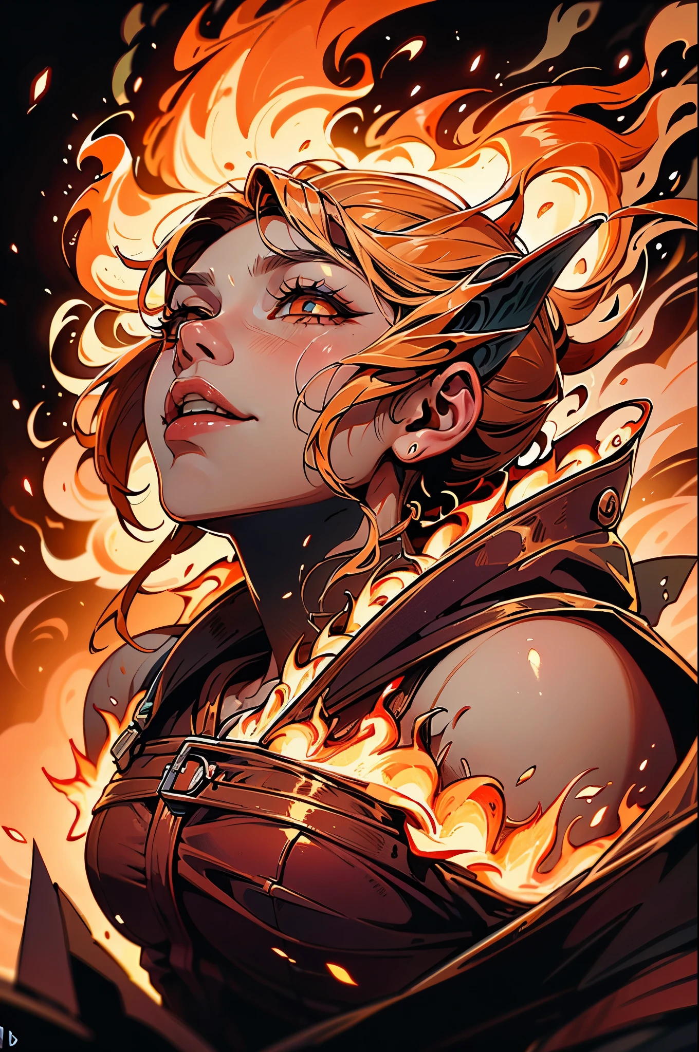 A fire spirit, being made of fire, looking up, A dynamic and cinematic portrait of a being made entirely of fire, with the entire figure composed of vibrant and detailed flames.