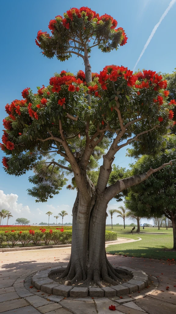 Imagine a large, towering adenium tree with a thick and sturdy trunk.  Every branch and twig is covered in bright red stacked flowers of 'Double Knock Out'.  These flowers have abundant layers of petals, creating a visual effect almost like a double rose, with an intense and striking red color.  When the wind blows, the flower petals sway gently, adding to the beauty of this tree which looks very lively and colorful."