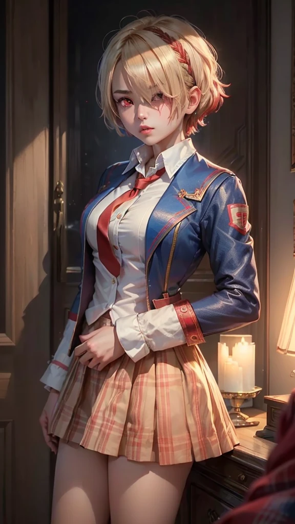 ((masterpiece))、(((Highest quality)))、((Super detailed)),(((One adult woman)))、(Blonde Short Hair)、(Barrette)、(((Hair on one eye)))、(((Completely cover one eye with hair)))、(((Red eyes)))、(Blue blazer)、White shirt、Red tie、Brown plaid skirt、Mao Sen Moon Song、
