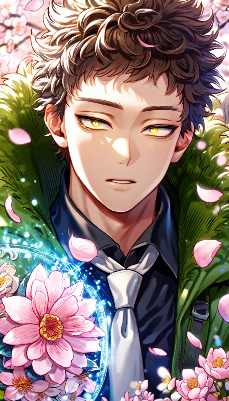 absurdres, highres, ultra detailed, HDR, master piece, Overhaul, dark brown hair, short hair, short bangs, expressive golden eyes, green coat with fur, black shirt, Boku No Hero Academia, sexy man, handsome, best quality, blossoms, pink petals, pink flowers, fantasy, magical, blue shining fireflies, solo, white gloves, white necktie,