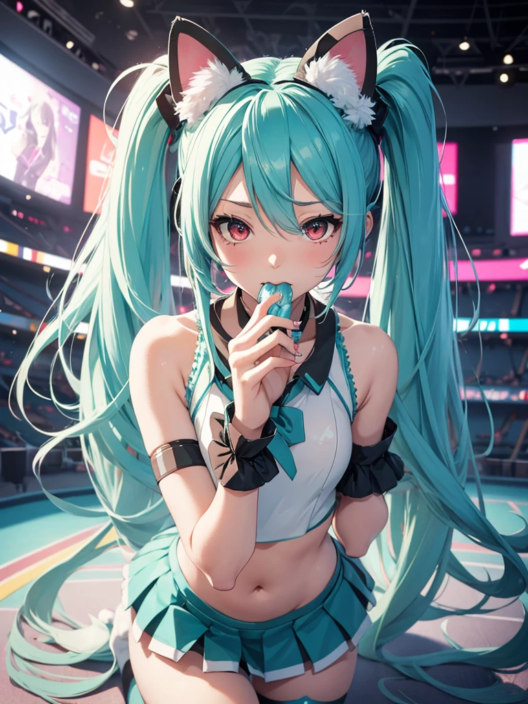 Hatsune Miku, cheerleader, sucking fingers, makeup,  cat ears, red eyes