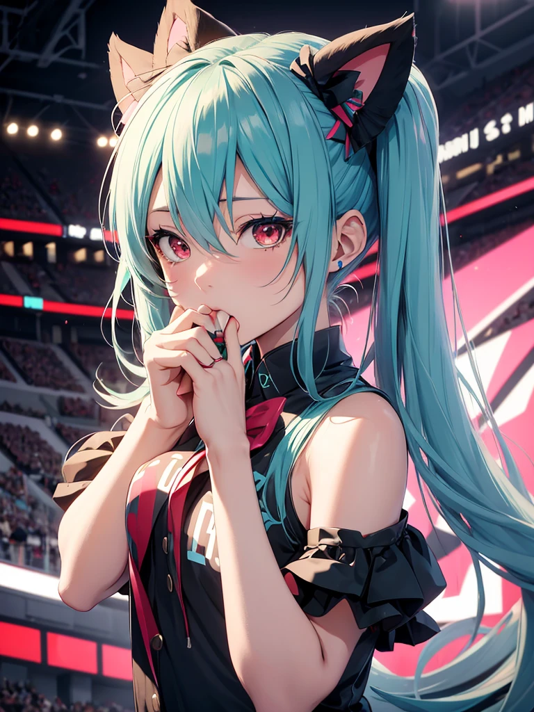Hatsune Miku, cheerleader, sucking fingers, makeup,  cat ears, red eyes