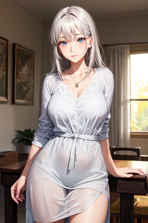 beautiful older woman with long grey hair and dark grey eyes