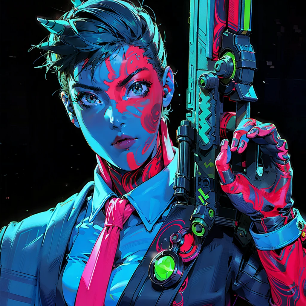 hight resolution, tmasterpiece, beste-Qualit, 1girl, red sclera,red pupils, Cyborgunder, green hair, colored skin, demonictech, Lots of tattoos, futuristic clothing, upskirt, neon details, Neon cyberpunk style, Another world in the background, finely detailed skin, Huge-breasts, Very muscular legs, golden ratio body, Flexible housing, Abs, gray-haired anime girl, The appearance of the model, A perfect chest, long black cloak, martial arts, A lot of details in clothes, bare thighs, open belly, full height, Half-turn, Professional drawing, proportional, long legs, long straight hair, Sweet thin face, rounded eyes, 4k digital painting, Detailed Face, cosmetics, hiquality, There is no blur, Realistic breast physics, demonic horn and half an angelic halo above the head, Fluorescent miniupskirt,Combination of black and green,Being in the room, best anime 4K wallpapers, Anime 4K Style, cyberpunk anime boy in a hoodie, Anime Art Wallpapers 8K, Anime Art Wallpapers 4K, Anime Art Wallpapers 4K, anime moe art style, 4k anime wallpaper, anime wallpaper 4k, anime wallpaper 4k, badass anime 8 k,One leg prosthesis
