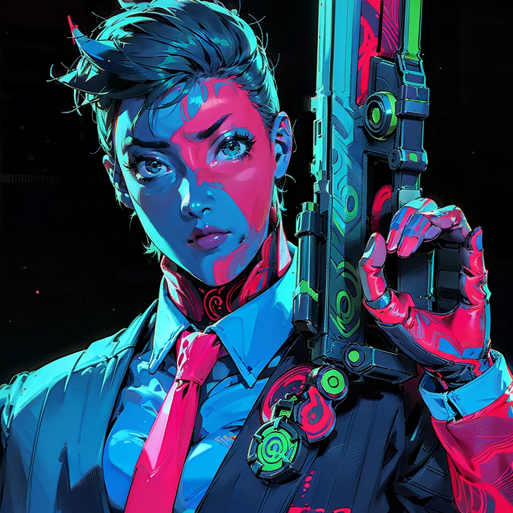 hight resolution, tmasterpiece, beste-Qualit, 1girl, red sclera,red pupils, Cyborgunder, green hair, colored skin, demonictech, Lots of tattoos, futuristic clothing, upskirt, neon details, Neon cyberpunk style, Another world in the background, finely detailed skin, Huge-breasts, Very muscular legs, golden ratio body, Flexible housing, Abs, gray-haired anime girl, The appearance of the model, A perfect chest, long black cloak, martial arts, A lot of details in clothes, bare thighs, open belly, full height, Half-turn, Professional drawing, proportional, long legs, long straight hair, Sweet thin face, rounded eyes, 4k digital painting, Detailed Face, cosmetics, hiquality, There is no blur, Realistic breast physics, demonic horn and half an angelic halo above the head, Fluorescent miniupskirt,Combination of black and green,Being in the room, best anime 4K wallpapers, Anime 4K Style, cyberpunk anime boy in a hoodie, Anime Art Wallpapers 8K, Anime Art Wallpapers 4K, Anime Art Wallpapers 4K, anime moe art style, 4k anime wallpaper, anime wallpaper 4k, anime wallpaper 4k, badass anime 8 k,One leg prosthesis