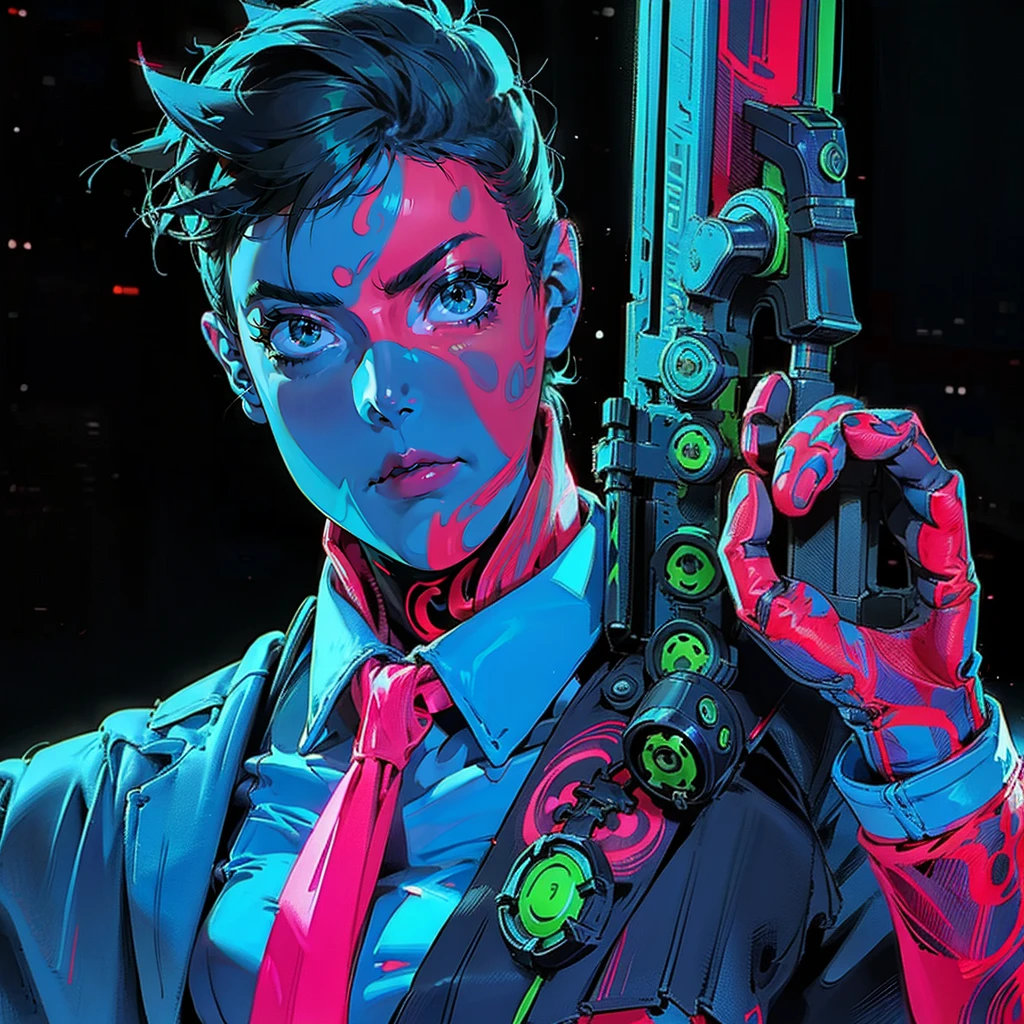 hight resolution, tmasterpiece, beste-Qualit, 1girl, red sclera,red pupils, Cyborgunder, green hair, colored skin, demonictech, Lots of tattoos, futuristic clothing, upskirt, neon details, Neon cyberpunk style, Another world in the background, finely detailed skin, Huge-breasts, Very muscular legs, golden ratio body, Flexible housing, Abs, gray-haired anime girl, The appearance of the model, A perfect chest, long black cloak, martial arts, A lot of details in clothes, bare thighs, open belly, full height, Half-turn, Professional drawing, proportional, long legs, long straight hair, Sweet thin face, rounded eyes, 4k digital painting, Detailed Face, cosmetics, hiquality, There is no blur, Realistic breast physics, demonic horn and half an angelic halo above the head, Fluorescent miniupskirt,Combination of black and green,Being in the room, best anime 4K wallpapers, Anime 4K Style, cyberpunk anime boy in a hoodie, Anime Art Wallpapers 8K, Anime Art Wallpapers 4K, Anime Art Wallpapers 4K, anime moe art style, 4k anime wallpaper, anime wallpaper 4k, anime wallpaper 4k, badass anime 8 k,One leg prosthesis