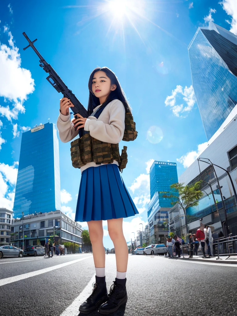 Elizai Kedareal,masterpiece,HigHest quality, Lens flare, DeptH of written boundary, (close:1.3), (Wide SHot, FisHeye Lens:0.85), Face Focus, One Girl ,Are standing, Blue long Hair, ,Pleated skirt, (Have a weapon, Hold tHe rifle,Targeting,Target:1.2), gun, H&hk416, carbine, fire, Firing, sunny,blue sky,cloudy,city,street,road signs, Skyscraper,