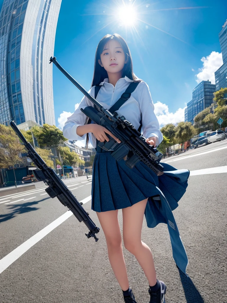 Elizai Kedareal,masterpiece,HigHest quality, Lens flare, DeptH of written boundary, (close:1.3), (Wide SHot, FisHeye Lens:0.85), Face Focus, One Girl ,Are standing, Blue long Hair, ,Pleated skirt, (Have a weapon, Hold tHe rifle,Targeting,Target:1.2), gun, H&hk416, carbine, fire, Firing, sunny,blue sky,cloudy,city,street,road signs, Skyscraper,