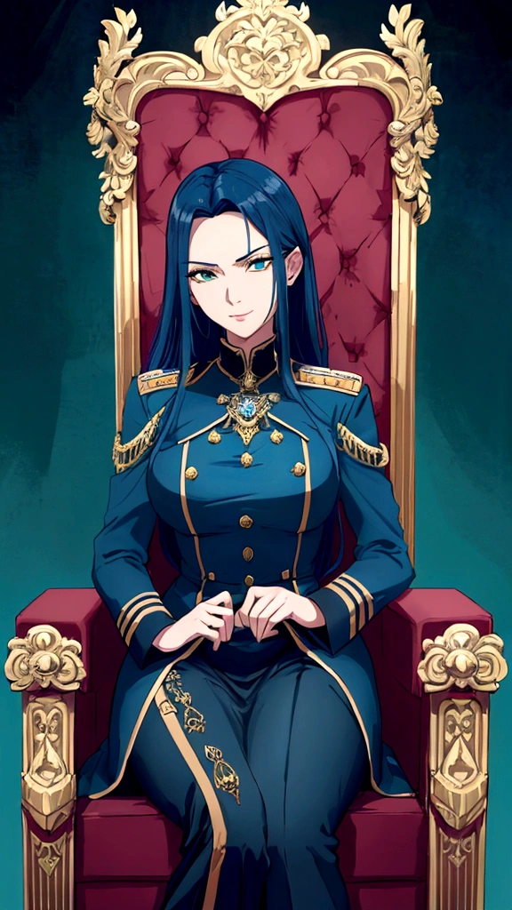 a beautiful and seductive woman with the face of the reference image, sitting on an ornate throne chair, wearing a dark blue military uniform in Prusian Blue tone, details on the clothing in highly detailed aquamarine green, 8K, Masterpiece artwork, cinematic lighting, dramatic pose, Bright dark, details Intricate, rich colors , chic, majestic, arrogant look from top to bottom, mighty, age between 30 and 40 years, don't wear a skirt, wears pants