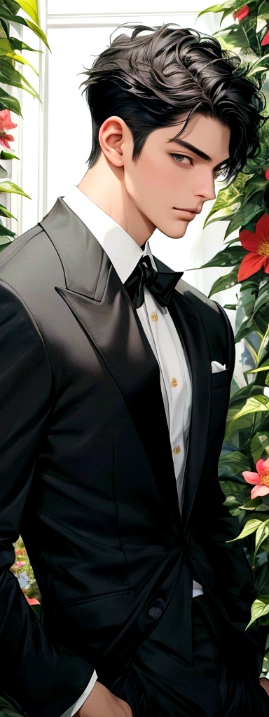 (masterpiece best qualtiy)( AI art)(high qualtiy)1 boy , handsome, charming, fresh,(detail  face), ignore face, thick neck , pointed chin, black hair, short hair, tall, stronger, Sharp eyes, Badass, no tattoos, potrait, looking at view, smirk face, standing , prince suit, garden flower background 