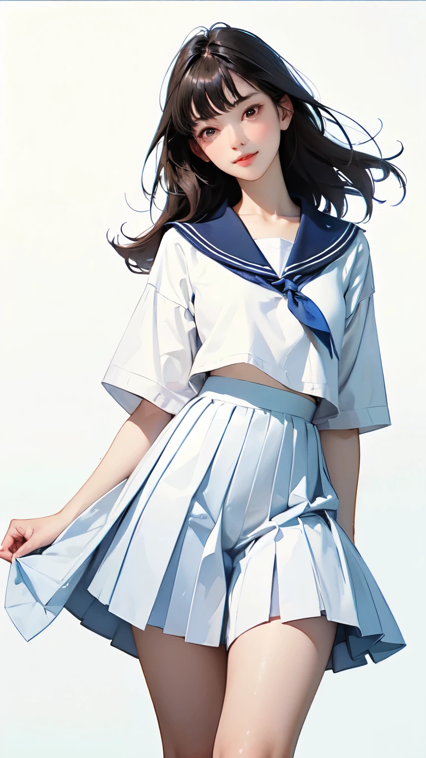 (1 Girl、alone、whole body、natural standing posture)、(whole body:1.4)、(Portraiture:1.2)、(Detailed facial depiction、A kind smile)、Short dark brown hair、White Sailor Suit、Navy blue sailor color、uniform、Long skirt、Pleated skirt、shoes、(Vintage、Classic)、((No background))、((White Background))、Blur the background、((Watercolor of singer Sargent))、Impressionist style painting、(Highest quality、masterpiece)、