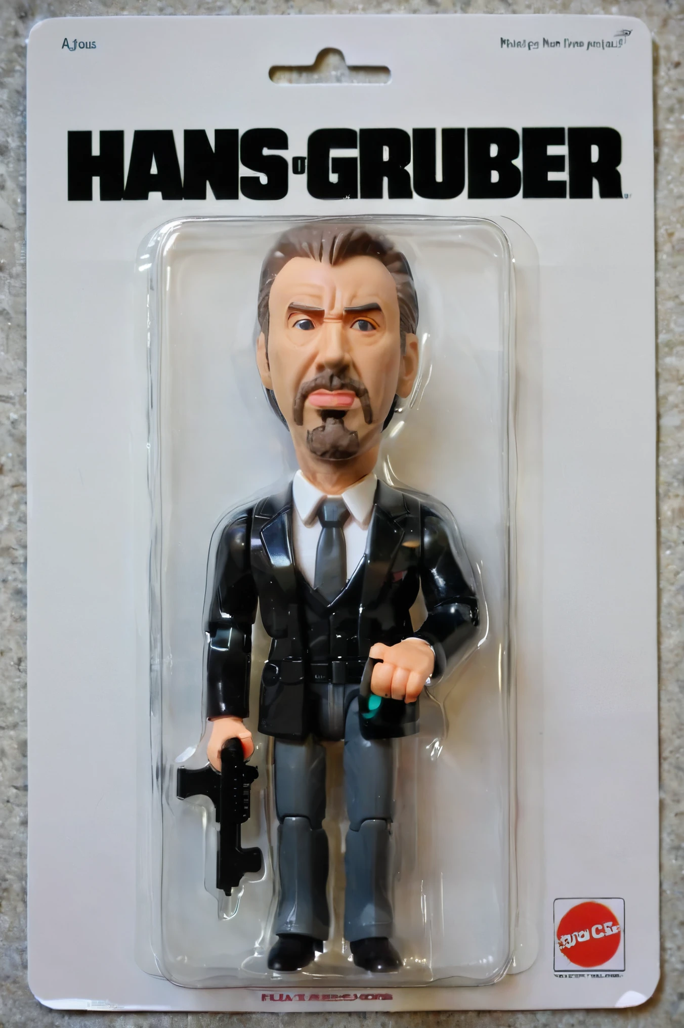 a toy of Hans Gruber terorist from the movie Die-Hard, the name 'Hans Gruber' is printed in bold letters,
