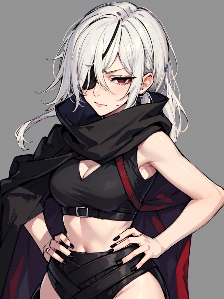 (absurdres, 8k, 4k, masterpiece, hyper extreme detailed:1.2), solo, 1girl, front view portrait, best quality, expressive eyes, perfect face, 1girl, portrait, solo, Female, mature female, adult, pale skin, black nails, white skin, black ribbon, red eyes, black eyepatch, annoyed, tattered clothing, armor, ripped clothes, oversized shirt, , swept bangs, side bangs, messy hair, long hair, hair covering forehead, perfect anatomy, anatomically correct, looking forward, forward view, expressive eyes, perfect eyes, quanxi, ponytail, eyepatch, Zero, full body, hand on hip, black cloak, wearing hood, right eyepatch, right eye covered,