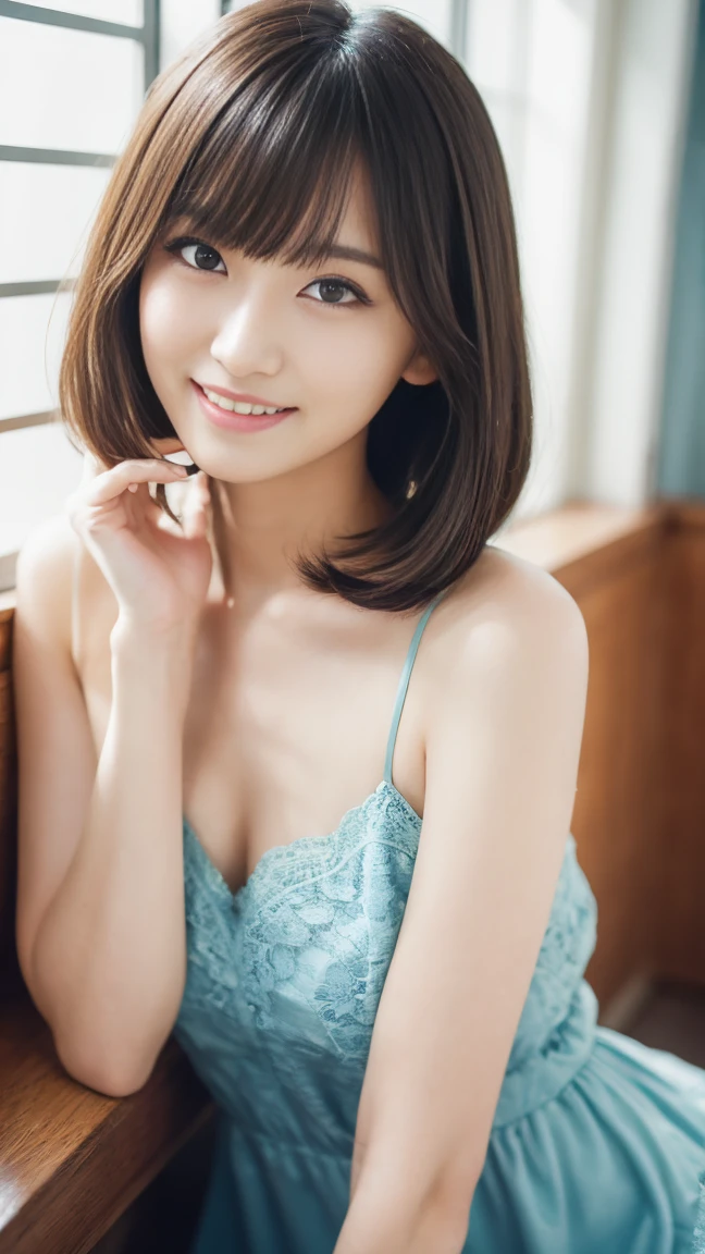Highest quality、8k wallpaper、Reality:1.8、Photographed in natural light、View your viewers、background:Window in a white room、1 beautiful girl、Japanese Idol、30 years old、Beautifully detailed eyes、Detailed face、Beautiful Skin、Slender、Slim waist、Thin legs、Fancy hairstyle:1.8、Random hair color、Light Hair、The light hits her hair and it shines golden、Asymmetrical bangs、A blue lace dress、smile:1.4、Seductive pose