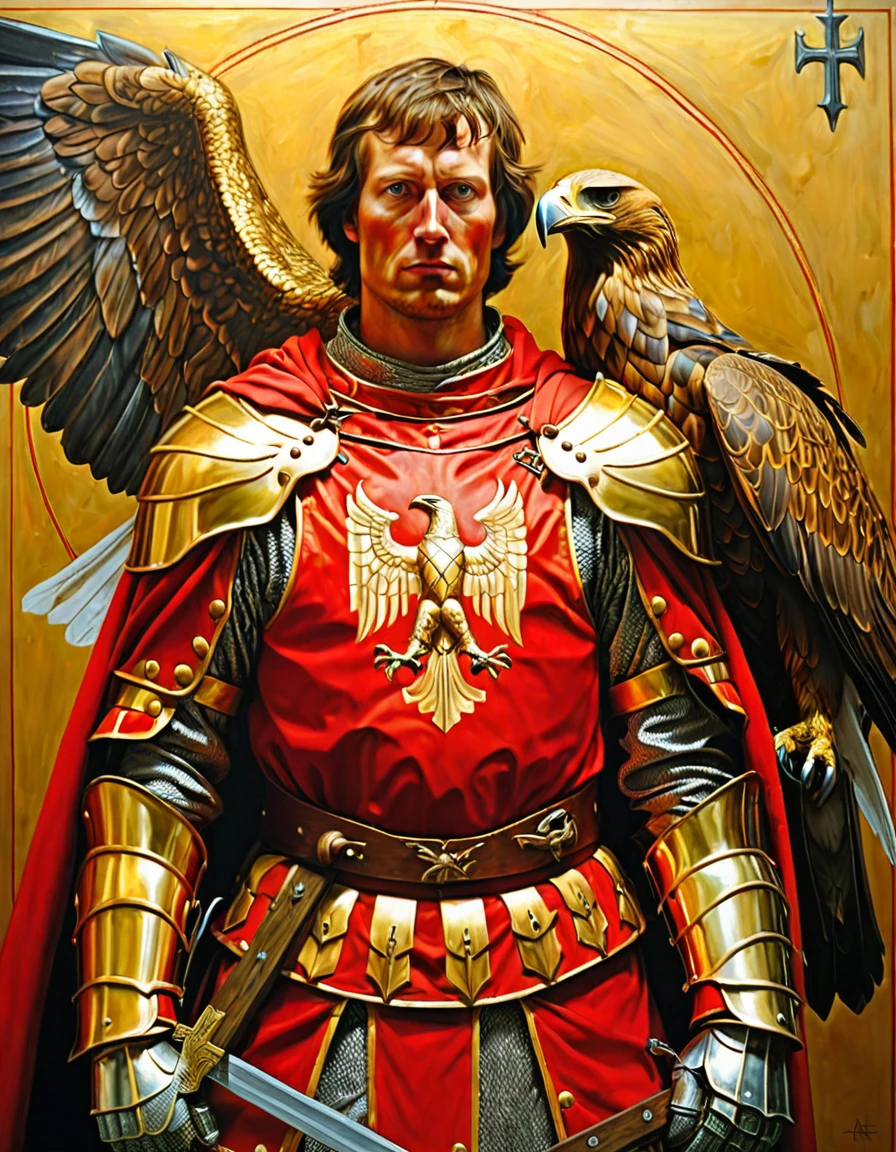 painting of a man in a red and gold armor with a golden eagle on his chest, holy medieval crusader, holy crusader medieval knight, holy crusader medieval, medieval holy crusader knight, portrait of knight, renaissance painting of a knight, portrait of a knight, painting of a knight, by Brian Despain, knight armored in red, knight, andrey remnev, holy crusade, anatomically correct, super detail, best quality, 4K