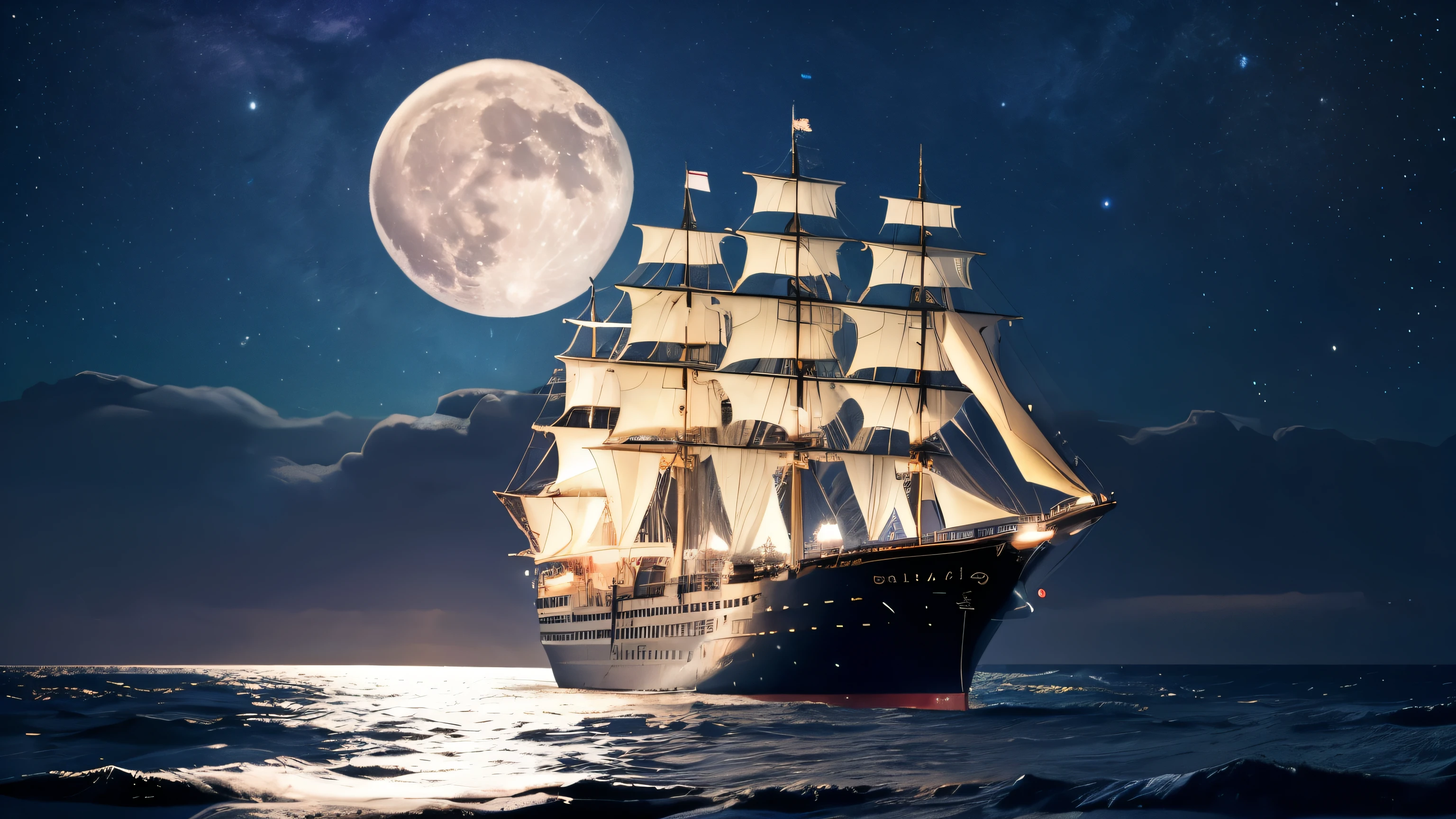 Ocean、Big full moon、night、Big sailing ship、Peaceful、Healing、8K、Starry Sky、Cinematic、Tranquility、mysterious、Big Ship、Ship's lamp。