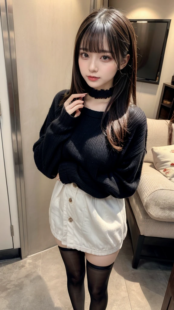 highest quality、8k、32k、masterpiece、Hmph:1.2)、One Girl、Girl with long hair、Beautiful Japanese Woman、Black-haired、Heavy bangs、Long sleeve shirt、Hair length、A fluffy white sweater、Don't expose it、D Cup,choker、plump breasts, large breasts, Bright red eyeliner、full body