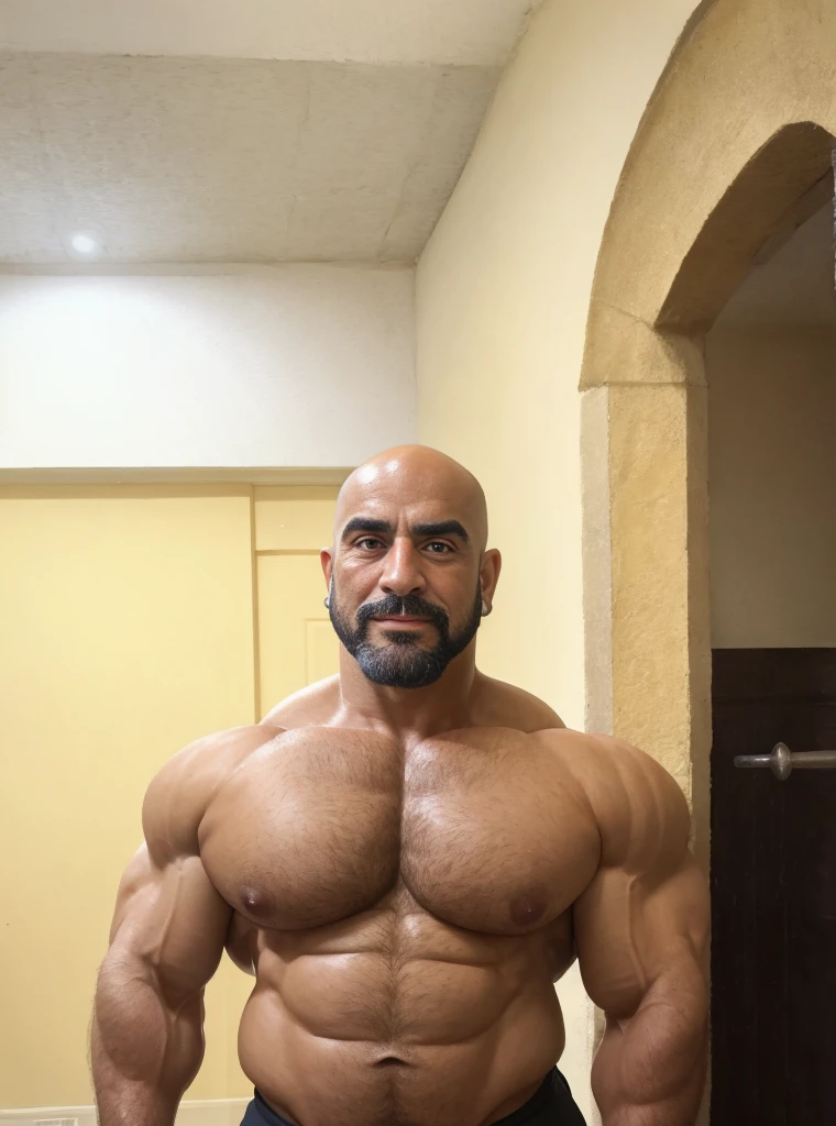A handsome mature old Assyrian dad with a massive beard and no shirt standing in front of a door,bald head,hyper muscular, pumped, roids, huge pecs, arms, biceps, shoulders, male focus, centered, tan skin, bodybuilder, meticulous muscle definition, detailed face, big sexual energy, (60 years old)