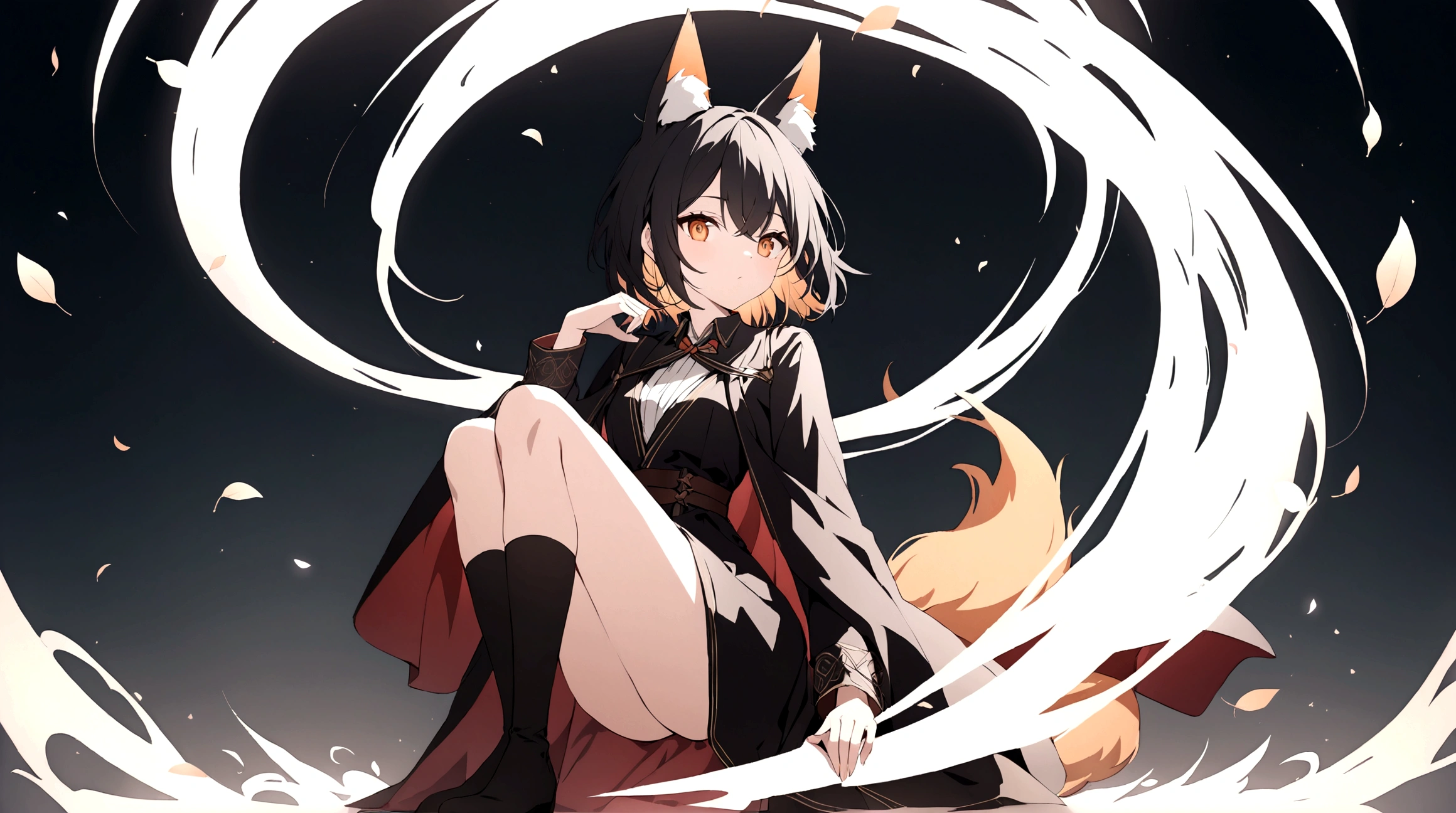 (1girl, Masterpiece, best quality) (detailed and beautiful eyes:1.6) (perfect hands, perfect anatomy) ((full body)) ((Adult)) fox-girl Misaki has ((short black hair styled in a slightly tousled manner and her fox ears are perked up attentively.)) (She wears a long, black leather coat and cloak adorned with intricate designs.) Her outfit includes a high-collared adventurer medium dress with red accents and leather straps, emphasizing a combination of elegance and practicality. She has a black over-to-knee socks. Misaki's orange eyes exude a sense of mystery and confidence. Light filtering through the leaves create a serene yet enigmatic atmosphere. Her positon showcases her strength, adultness and readiness for battle.