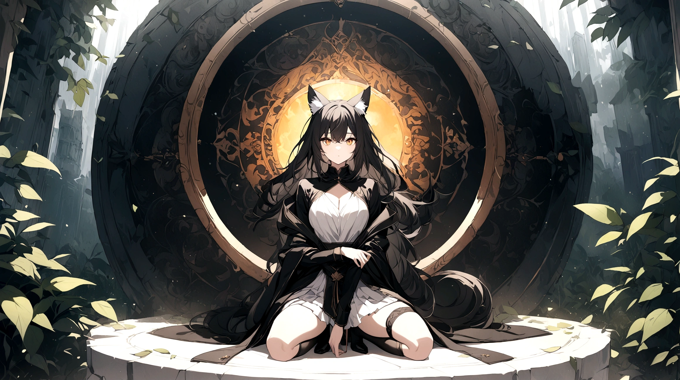 (1girl, Masterpiece, best quality) (detailed and beautiful eyes:1.6) (perfect hands, perfect anatomy) ((full body)) ((Adult)) fox-girl Misaki has ((short black hair styled in a slightly tousled manner and her fox ears are perked up attentively.)) (She wears a long, black leather coat and cloak adorned with intricate designs.) Her outfit includes a high-collared adventurer medium dress with red accents and leather straps, emphasizing a combination of elegance and practicality. She has a black over-to-knee socks. Misaki's orange eyes exude a sense of mystery and confidence. Light filtering through the leaves create a serene yet enigmatic atmosphere. Her positon showcases her strength, adultness and readiness for battle.