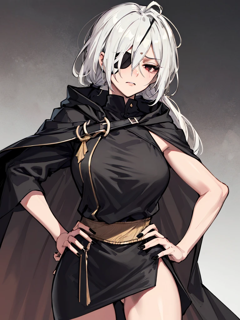 (absurdres, 8k, 4k, masterpiece, hyper extreme detailed:1.2), solo, 1girl, front view portrait, best quality, expressive eyes, perfect face, 1girl, portrait, solo, Female, mature female, adult, pale skin, black nails, white skin, black ribbon, red eyes, black eyepatch, annoyed, tattered clothing, armor, ripped clothes, oversized shirt, , swept bangs, side bangs, messy hair, long hair, hair covering forehead, perfect anatomy, anatomically correct, looking forward, forward view, expressive eyes, perfect eyes, quanxi, ponytail, eyepatch, Zero, full body, hand on hip, black cloak, wearing hood, right eyepatch, right eye covered,