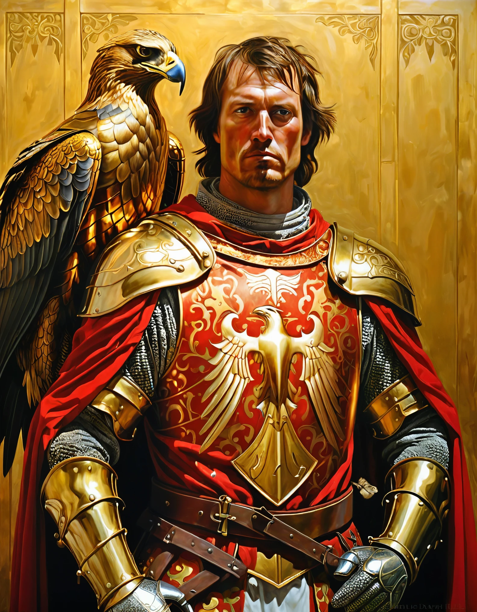 painting of a man in a red and gold armor with a golden eagle on his chest, holy medieval crusader, holy crusader medieval knight, holy crusader medieval, medieval holy crusader knight, portrait of knight, renaissance painting of a knight, portrait of a knight, painting of a knight, by Brian Despain, knight armored in red, knight, andrey remnev, holy crusade