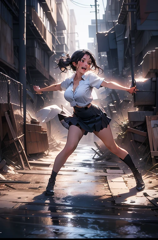 Pop punk style, low-angle shot, close-up, snow white as warrior wearing a dark blue top and short yellow skirt, dark hair with red headband and leather red boots flying in the air, action pose, using plasma bazuka cannon, epic body dynamics, a highly detailed masterpiece, gigantism, dramatic cinematic lighting, tons of flying debris around her, epic and dynamic composition, complex details, CarnageStyle, intensity