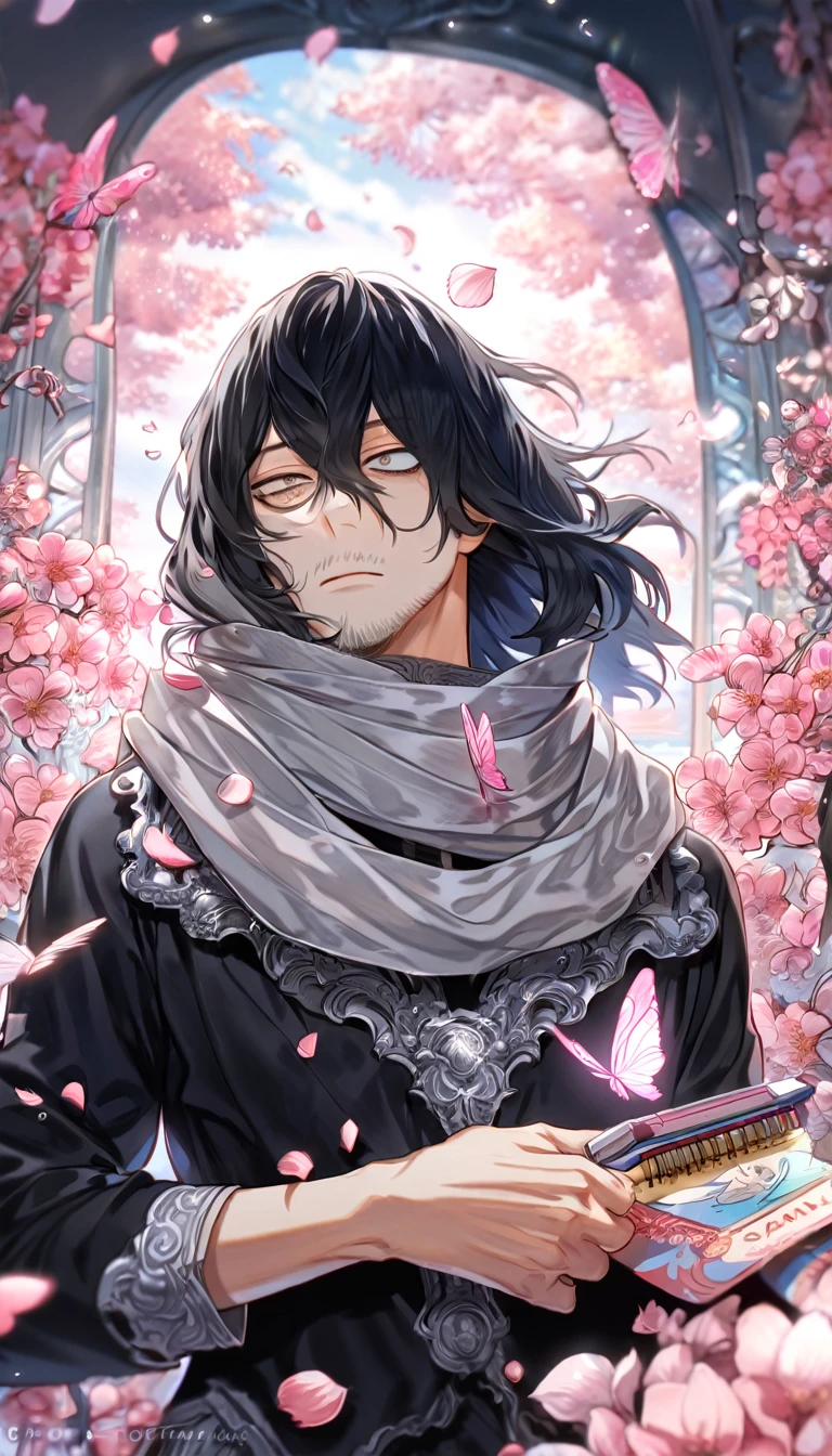absurdres, highres, ultra detailed, HDR, master piece, best quality, Eraser Head, black hair, medium-lenght hair, expressive gray eyes, boku no hero academia, faint beard, black clothes, gray scarf, solo, sexy man, handsome, fantasy, shining, water, pink flowers, pink blossoms, pink butterflies, pink petals