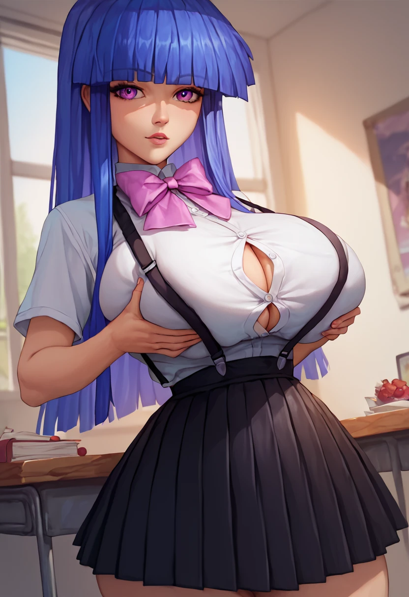 score_9, score_8_up, score_7_up, 1girl, solo, masterpiece, best quality, detailed, narrow waist, wide hips, huge breasts, huge ass, furude rika, blue hair, purple eyes, white shirt, pink bow, suspenders, black skirt, button gap, bursting breasts, pleated skirt, holding breasts