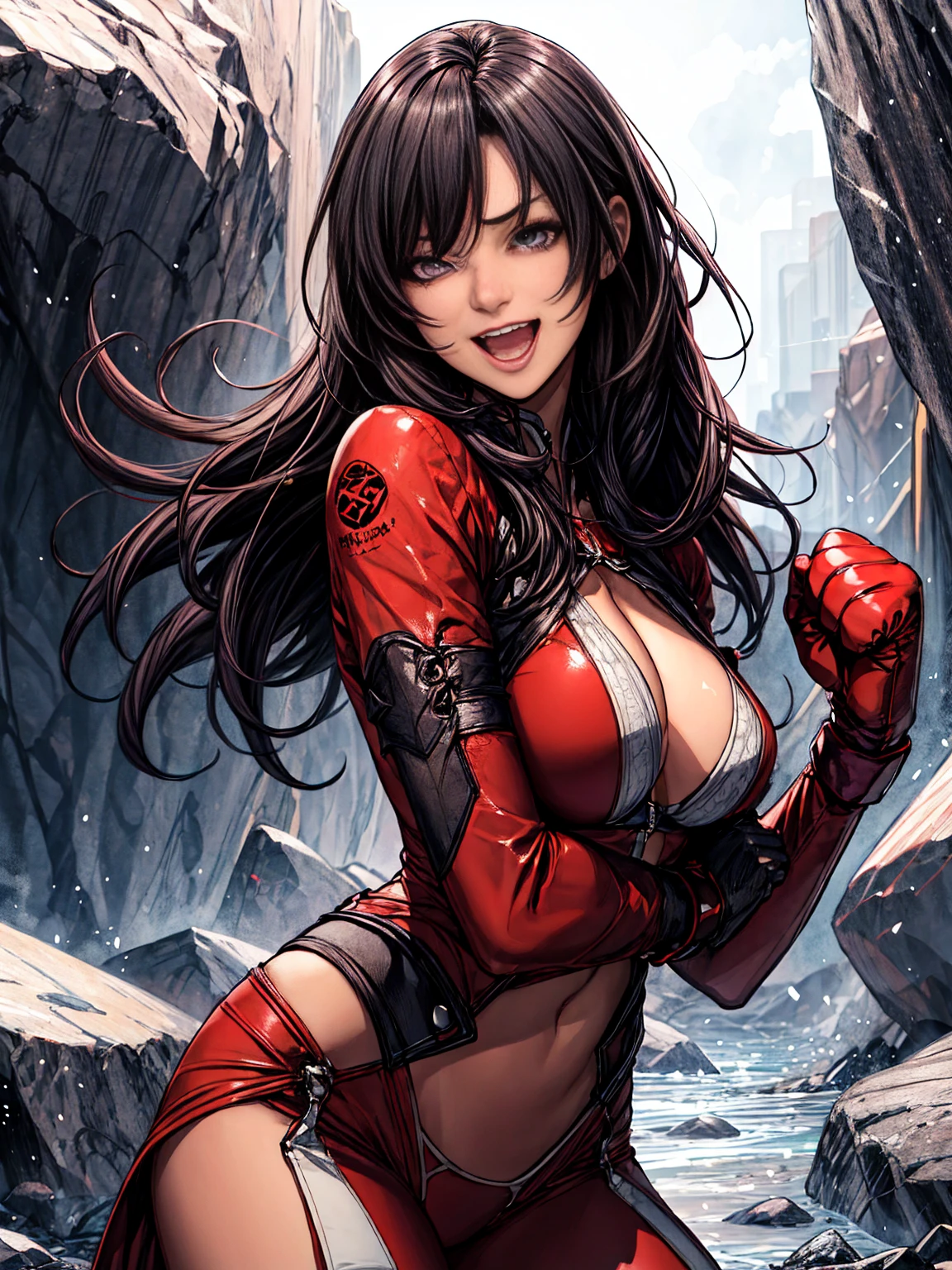An extremely beautiful adult female boxer wearing red gloves is punching a large hard rock、far and near method、Long black hair、Dark Eyes、Joyful smile with open mouth、anime、solo