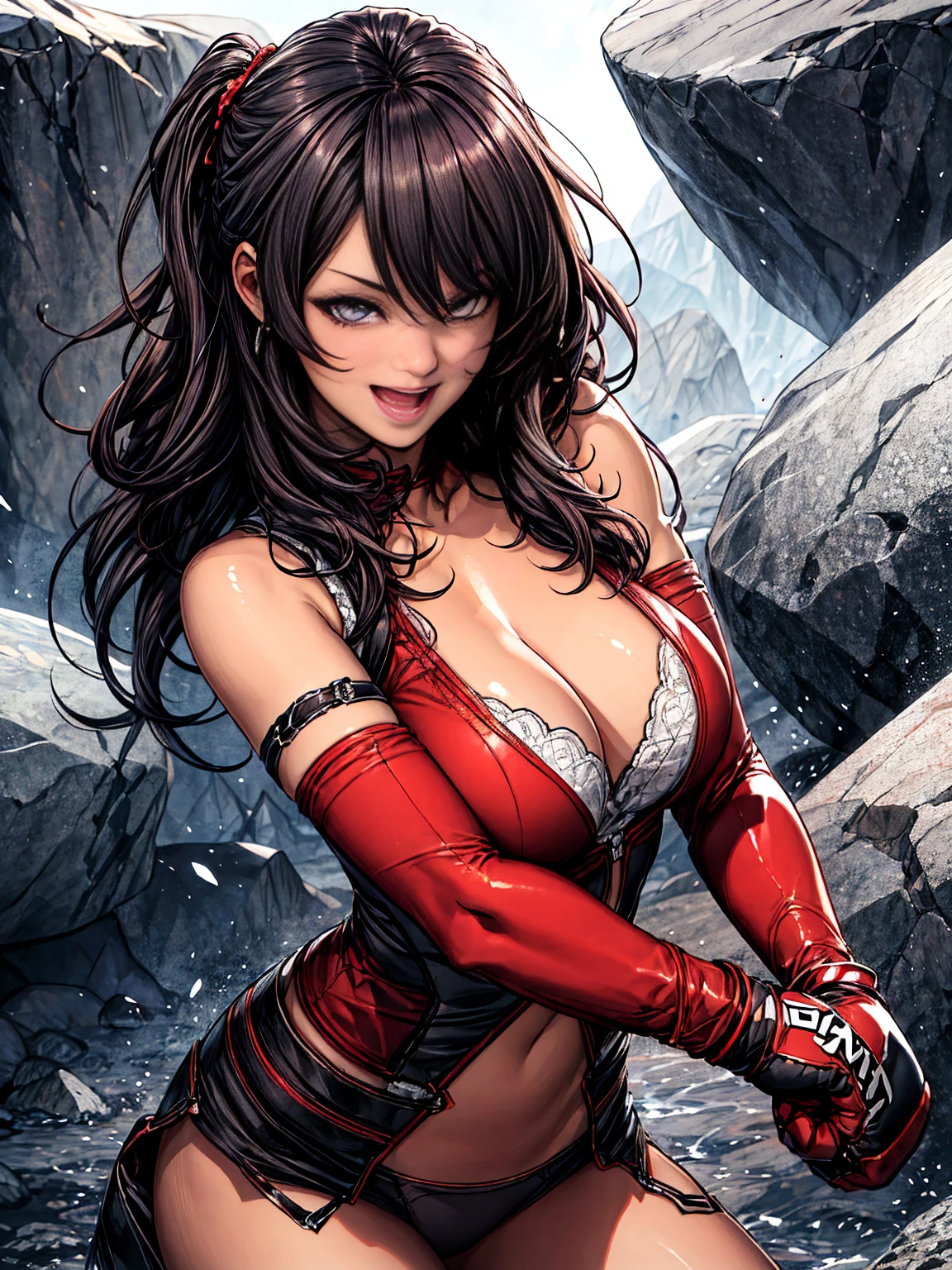 An extremely beautiful adult female boxer wearing red gloves is punching a large hard rock、far and near method、Long black hair、Dark Eyes、Joyful smile with open mouth、anime、solo
