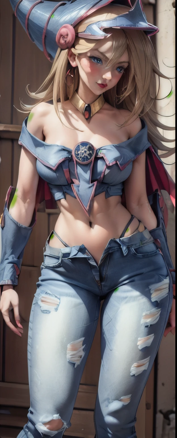 Masterpiece, Best Quality, realist, 1 girl dark magician gils, blond hair, blue eyes. Red lips. earrings. collar, plaid blouse open for her big tits, skinny and open jeans. shows underwear. sexy and daring pose. The jeans are open and the thong shows.