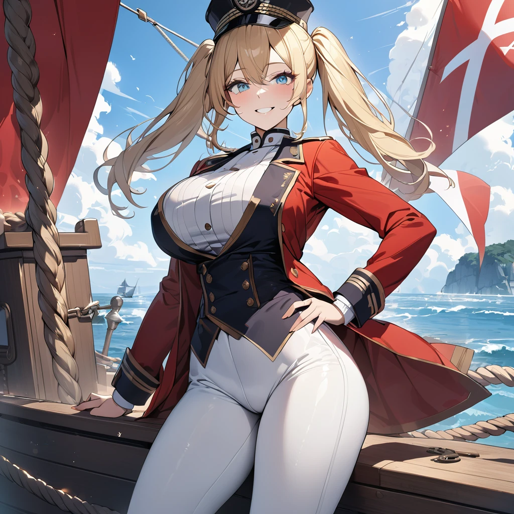 A woman wearing a navy commander's costume from the 1800s, long-sleeved red jacket, gold details on the jacket, tight white pants, black boots, black bicornuate navy commander's hat, standing and posing on an antique sailing ship, sea background with blue sky with clouds, blonde hair, long hair, pigtails, ice blue eyes, smiling, big breasts, perfect face, flag of Denmark,,.UHD, masterpiece, accurate, anatomically correct, textured skin, super detail, high quality, best quality, 8k, high resolution, bokeh effect. (woman alone)

