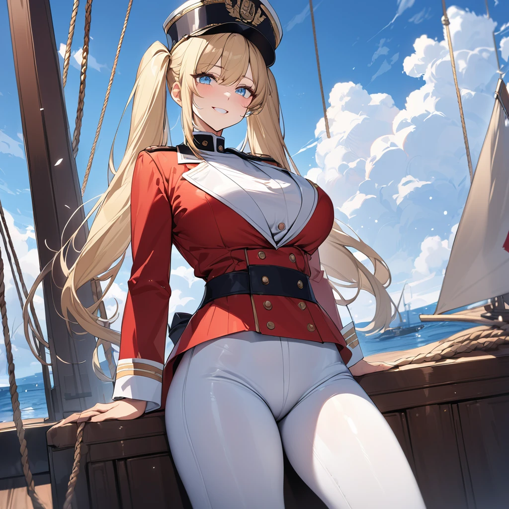 A woman wearing a navy commander's costume from the 1800s, long-sleeved red jacket, gold details on the jacket, tight white pants, black boots, black bicornuate navy commander's hat, standing and posing on an antique sailing ship, sea background with blue sky with clouds, blonde hair, long hair, pigtails, ice blue eyes, smiling, big breasts, perfect face, flag of Denmark,,.UHD, masterpiece, accurate, anatomically correct, textured skin, super detail, high quality, best quality, 8k, high resolution, bokeh effect. (woman alone)

