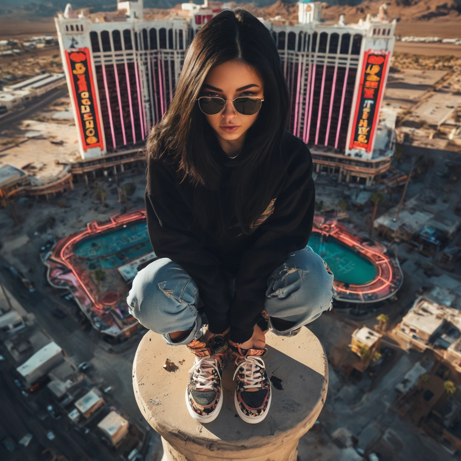 centered, 1girl, 18 yo, black hair, squatting, looking at the viewer, hip hop clothing, sunglasses, high-angle photo from above, shot on Afga Vita 400, natural lighting, city photograph, abandoned casino below, big neon signs, heat, desert, cinematic