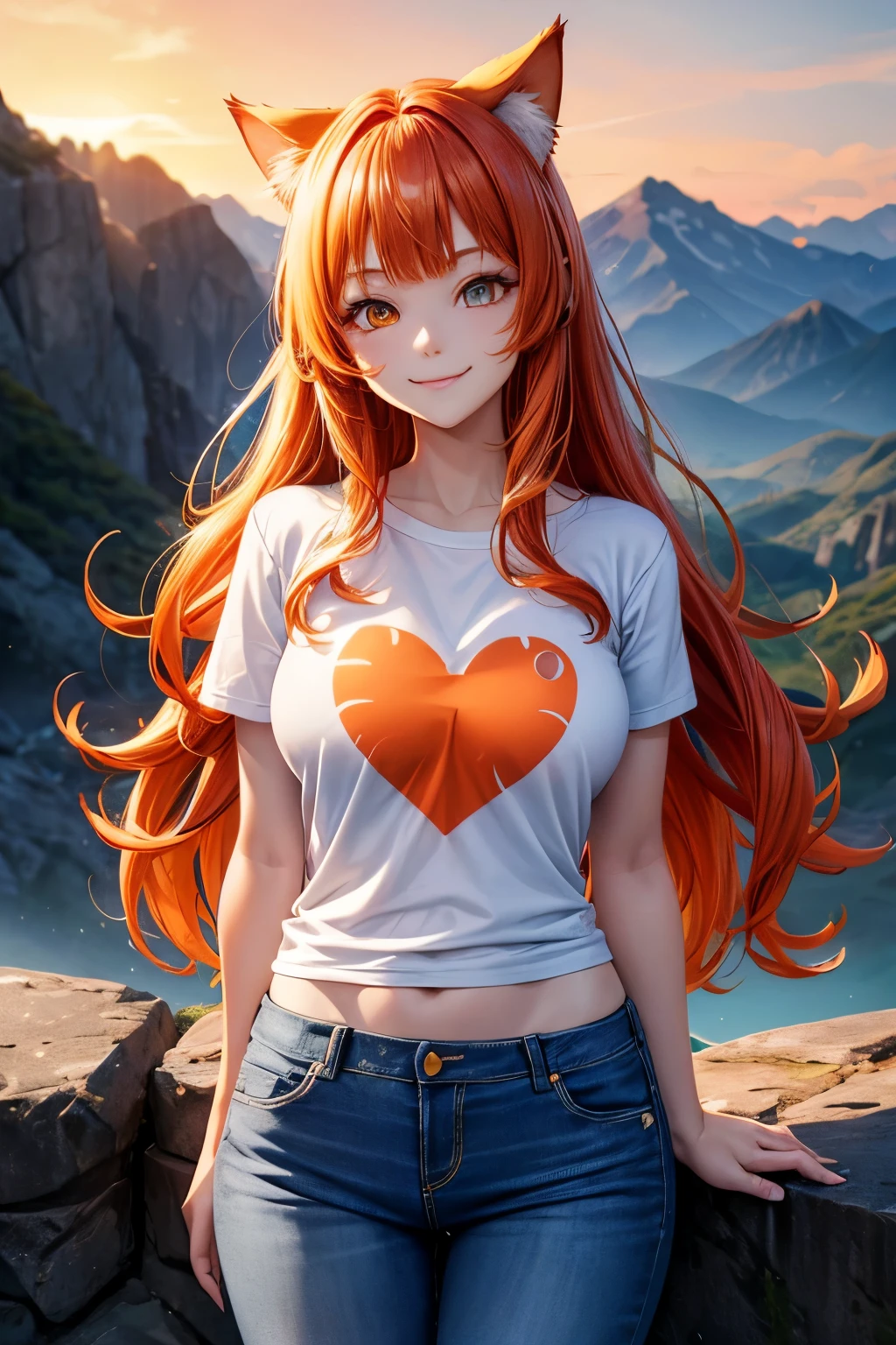 Top quality, high resolution, perfect human structure, background focus, front view, orange hair, shiny hair, cat ears, smiling heart shaped eyes, blunt bangs, wavy hair, sunrise, mountains, shiny hair, evil smile, gradient eyes, t-shirt, jeans