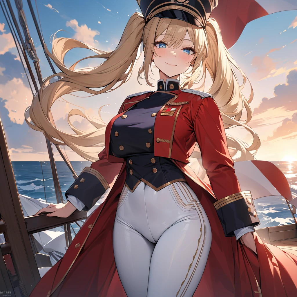 A woman wearing a navy commander's costume from the 1800s, long-sleeved red jacket, gold details on the jacket, tight white pants, black boots, black bicornuate navy commander's hat, standing and posing on an antique sailing ship, sea background with blue sky with clouds, blonde hair, long hair, pigtails, ice blue eyes, smiling, big breasts, perfect face, flag of Denmark,,.UHD, masterpiece, accurate, anatomically correct, textured skin, super detail, high quality, best quality, 8k, high resolution, bokeh effect. (woman alone)