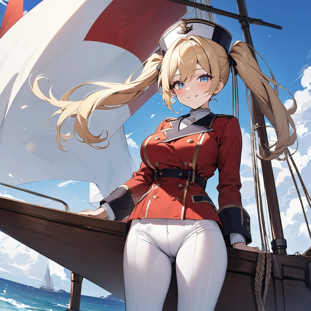A woman wearing a navy commander's costume from the 1800s, long-sleeved red jacket, gold details on the jacket, tight white pants, black boots, black bicornuate navy commander's hat, standing and posing on an antique sailing ship, sea background with blue sky with clouds, blonde hair, long hair, pigtails, ice blue eyes, smiling, big breasts, perfect face, flag of Denmark,,.UHD, masterpiece, accurate, anatomically correct, textured skin, super detail, high quality, best quality, 8k, high resolution, bokeh effect. (woman alone)