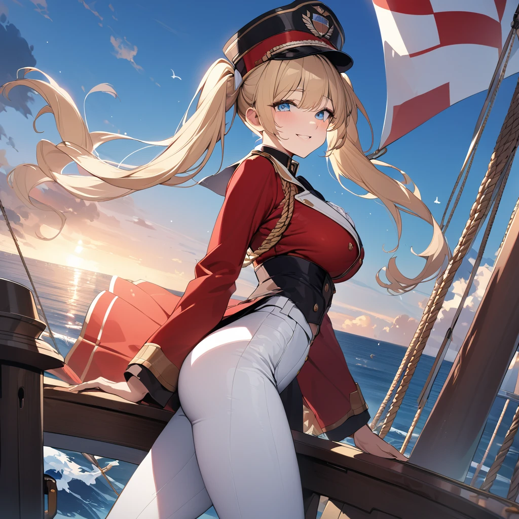 A woman wearing a navy commander's costume from the 1800s, long-sleeved red jacket, gold details on the jacket, tight white pants, black boots, black bicornuate navy commander's hat, standing and posing on an antique sailing ship, sea background with blue sky with clouds, blonde hair, long hair, pigtails, ice blue eyes, smiling, big breasts, perfect face, flag of Denmark,,.UHD, masterpiece, accurate, anatomically correct, textured skin, super detail, high quality, best quality, 8k, high resolution, bokeh effect. (woman alone)
