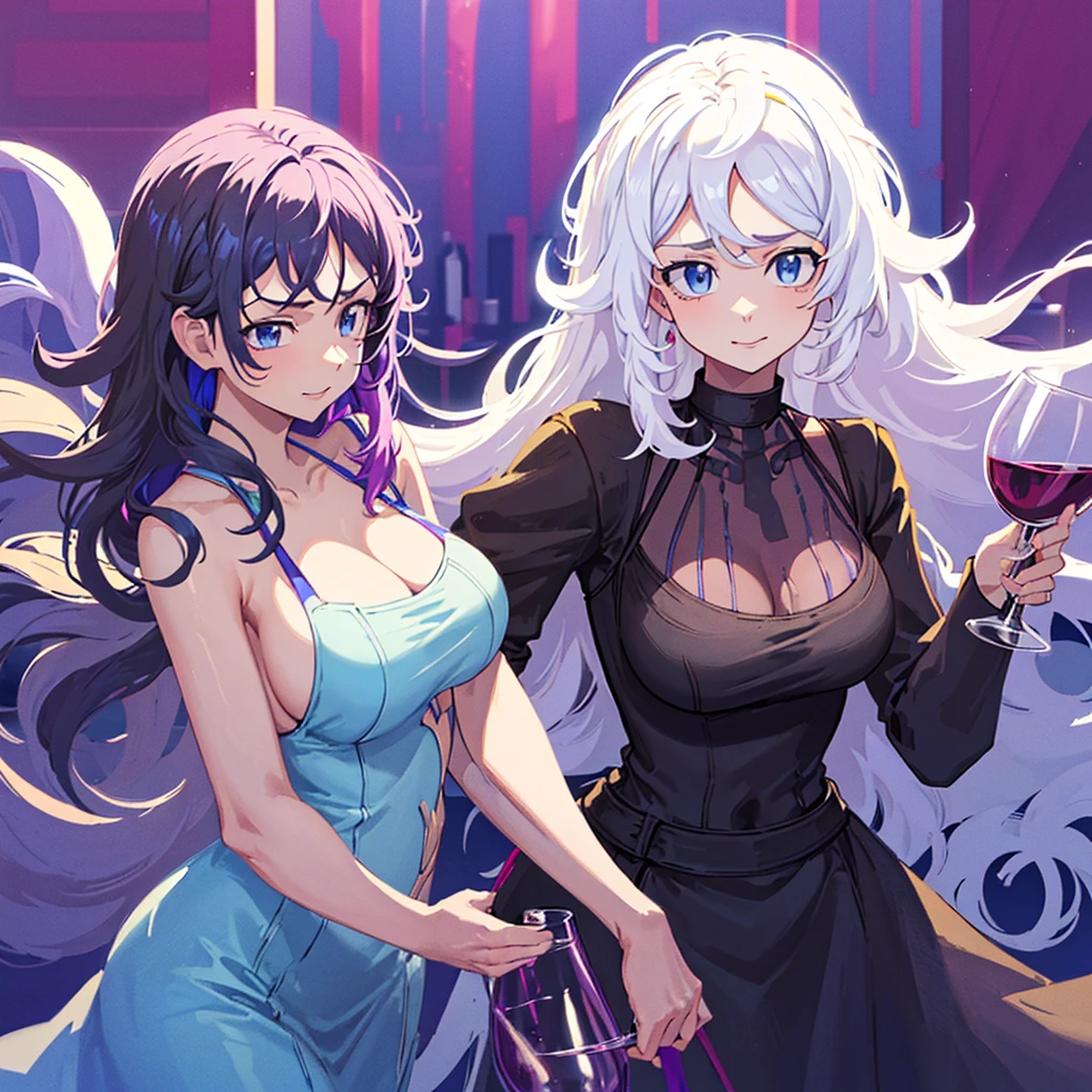 2 women one with long white hair a little wavy bright blue eyes in a sexy black dress with a glass of wine next to her a woman with long dark purple hair and bright purple eyes in a sexy black dress with a glass of wine in a club night