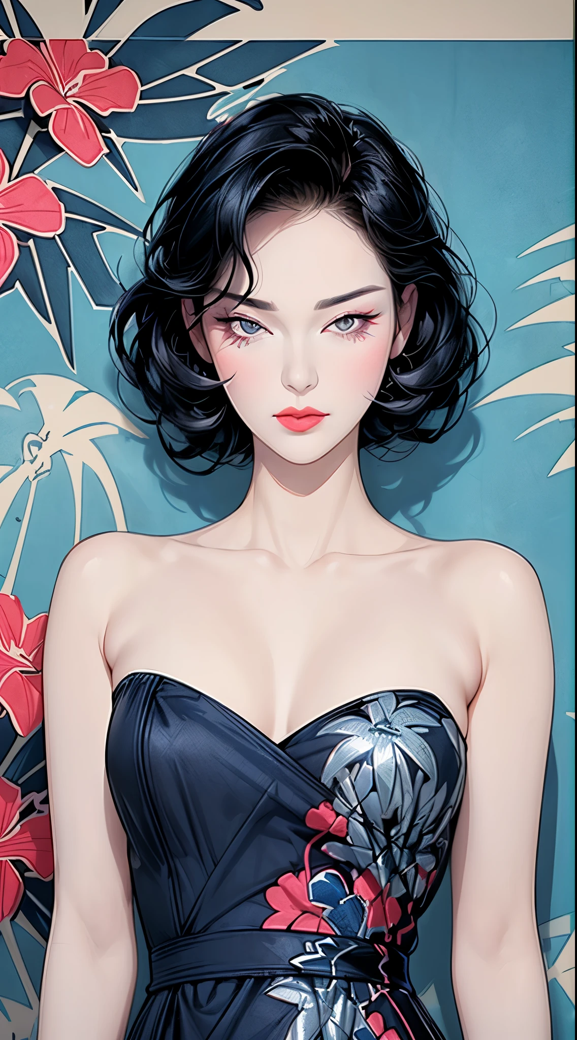 a woman in a navy blue dress standing in front of flowers, ((Art style by Patrick Nagel)), ((8k, wallpaper, detailed)), dark sunglasses, korean popstar, short black hair, pretty hands, fringe, simple red background, palm trees, (graffiti wall:1.2), strong, courageous, art by Patrick Nagel