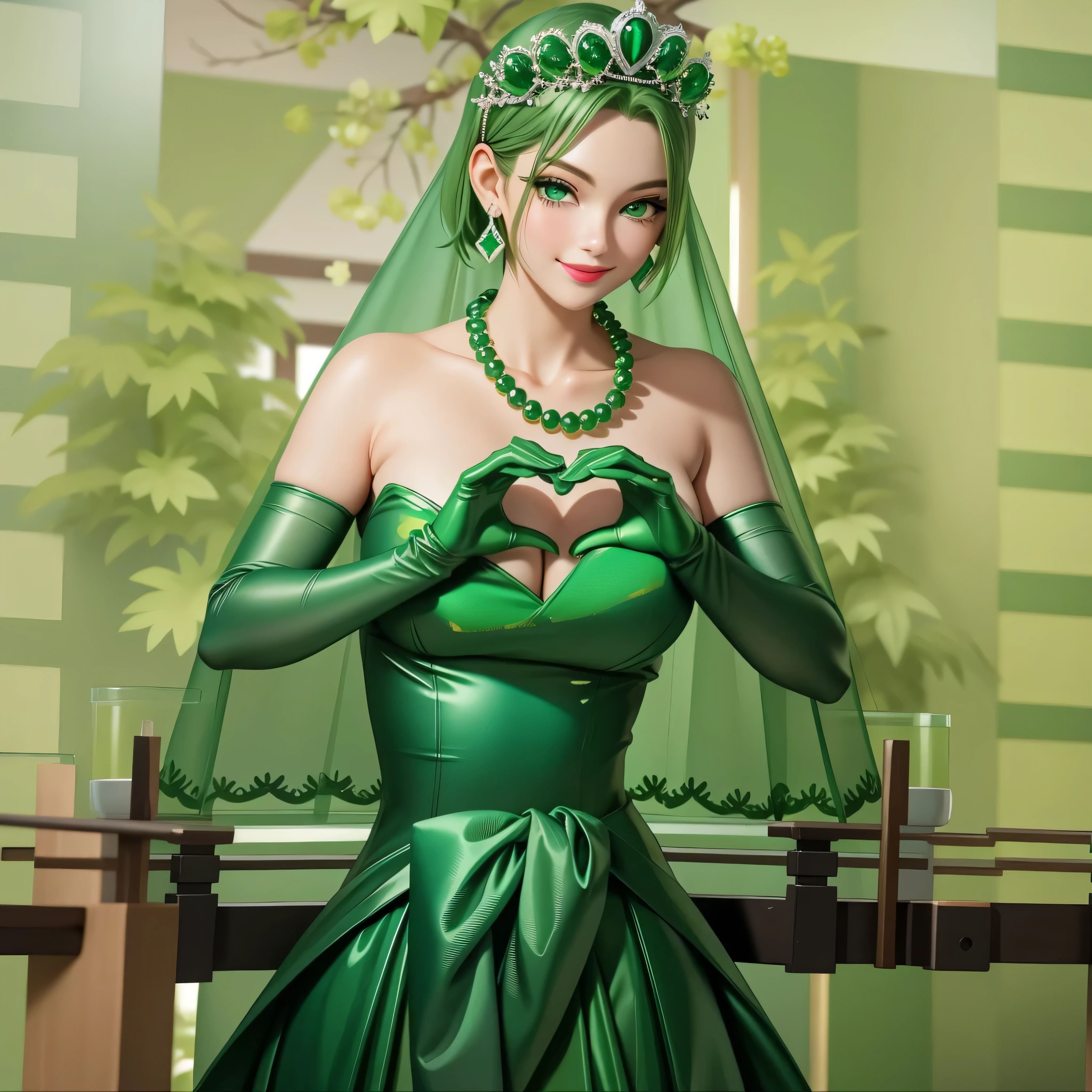 emerald tiara, Green Pearl Necklace, Boyish very short green hair, Green Lips, Smiling Japanese woman, Very short hair, Busty beautiful lady, Green Eyes, Green satin long gloves, Green Eyes, Emerald Earrings, Green veil, Heart with both hands, Green Hair, Beautiful Japanese Women, Heart shaped hands:1.3, green lip gloss